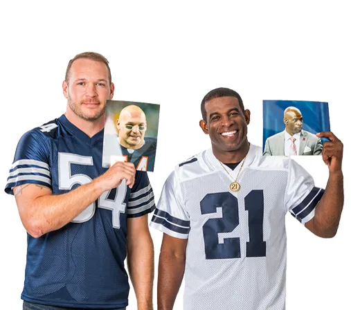 Deion Sanders and Brian Urlacher holding their before pictures